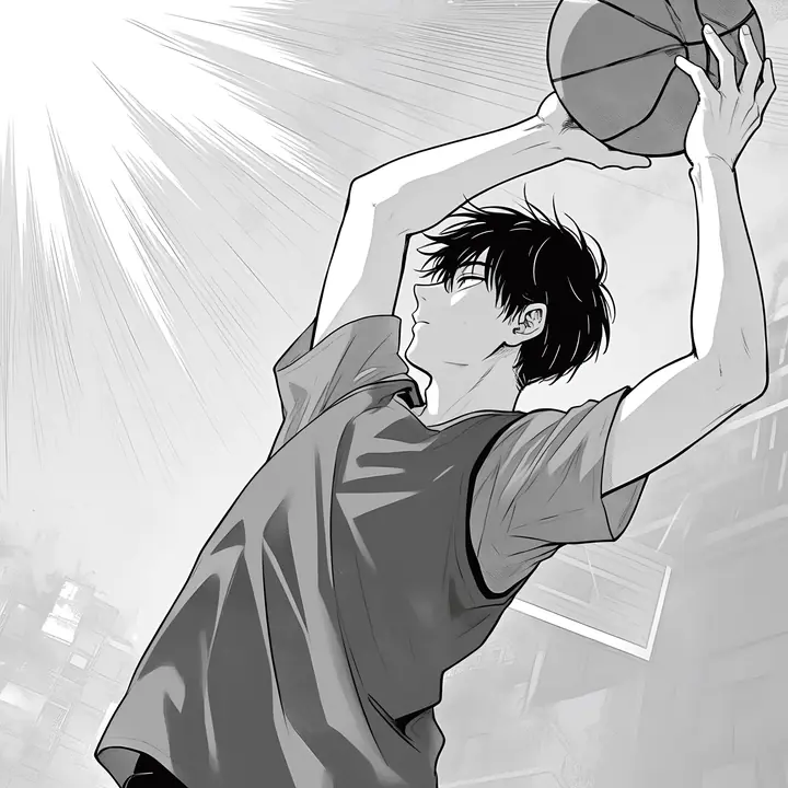 漫蛙品牌插画:黑白线稿风格的少年跃起投篮,用来示意漫画分格画面,非剧照