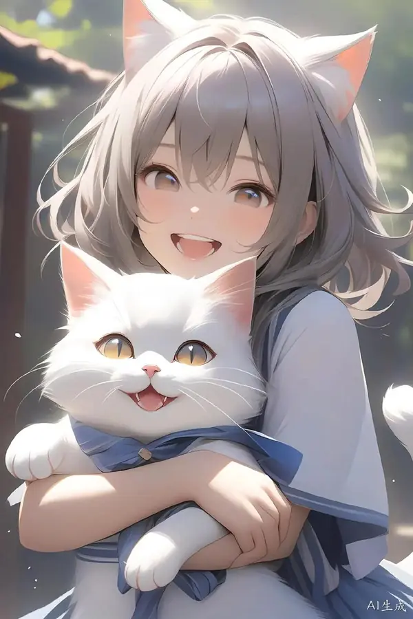 漫蛙品牌插画:抱着白猫笑的猫耳少女,示意轻松题材,非剧照